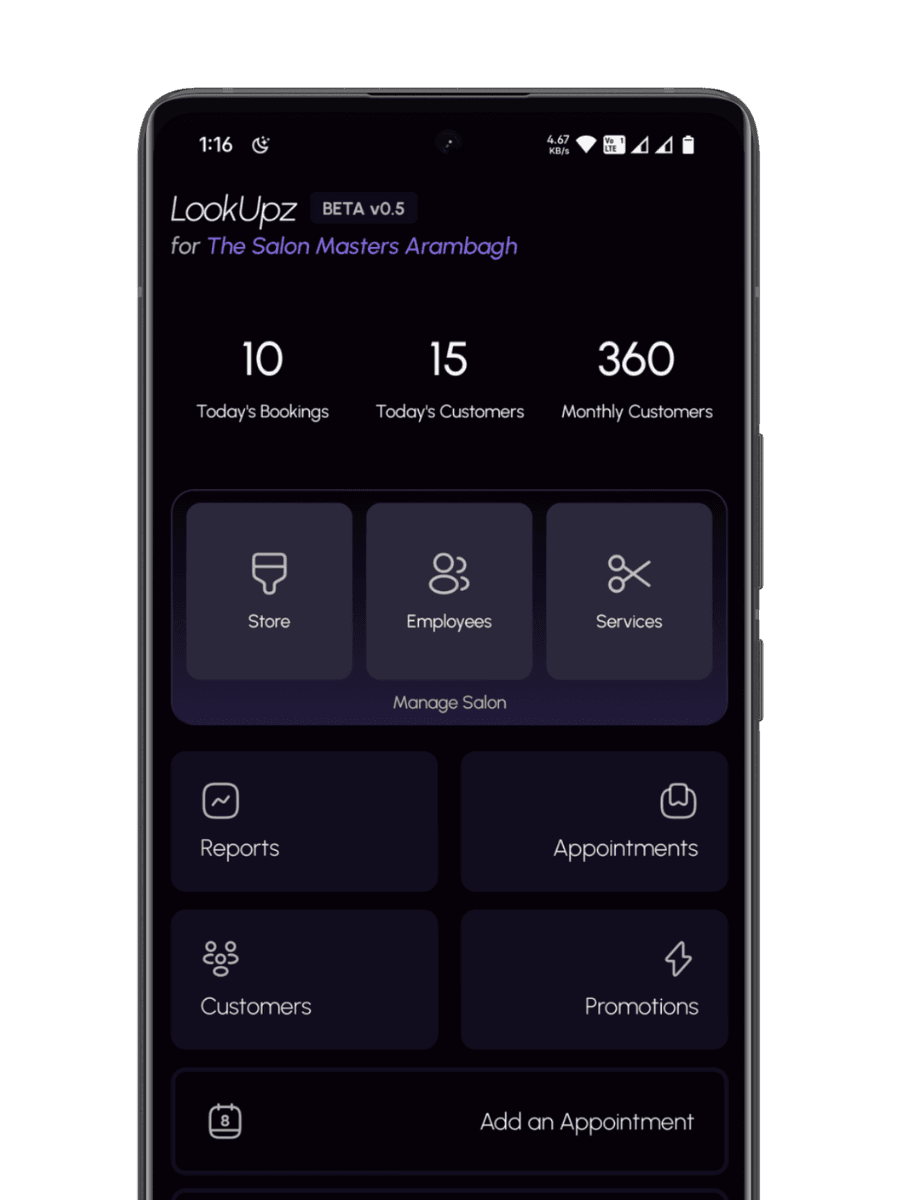 LookUpz salon management app interface showing appointment calendar and client management